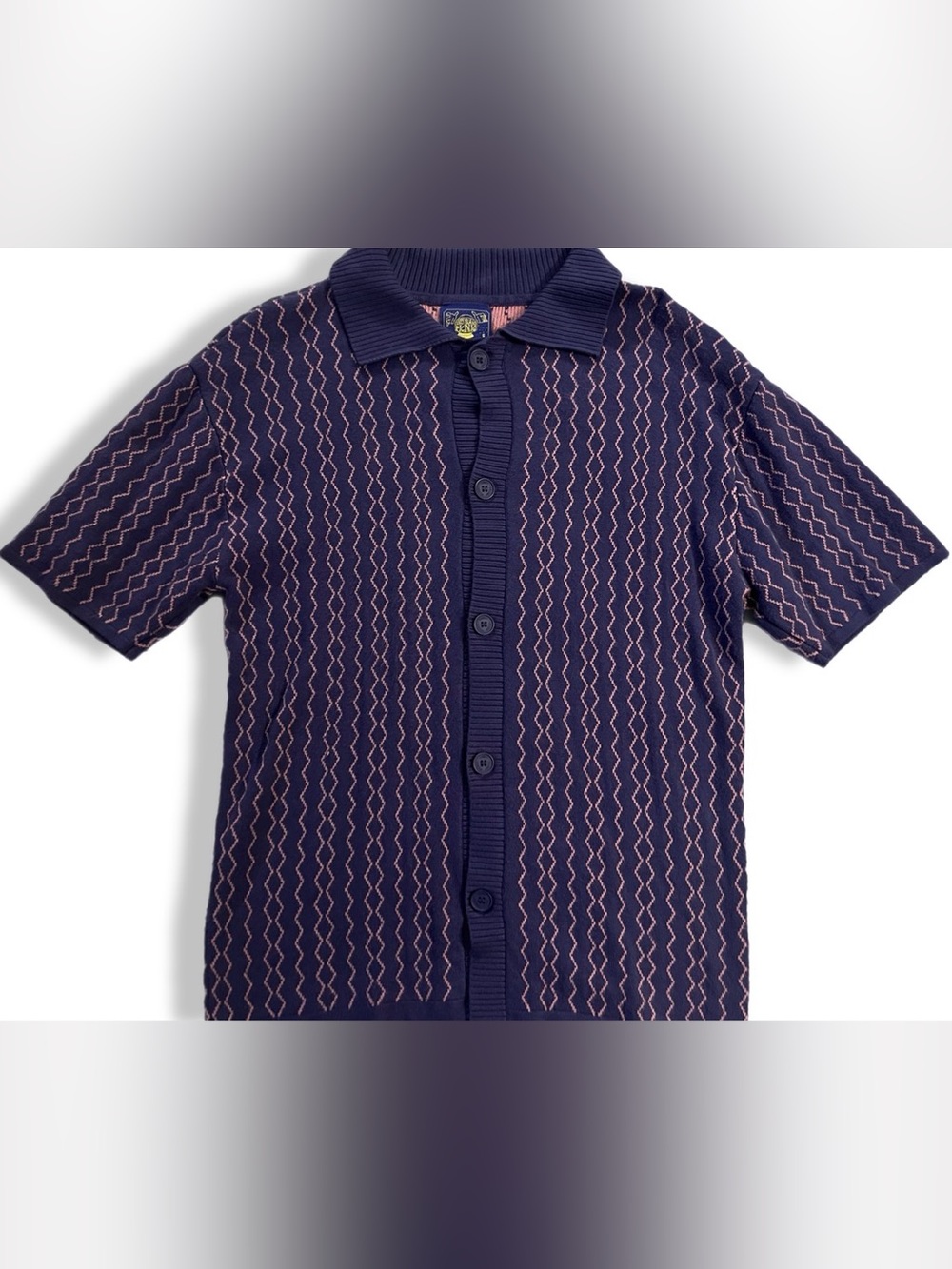 Coney Island Picnic Navy Short-Sleeve Polo with Pink Zigzag Pattern size small